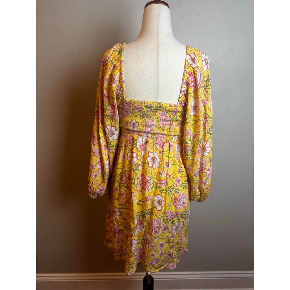 Billabong Mini Dress S Yellow Pink Floral Smocked NWT boho surf beach - Picture 6 of 8